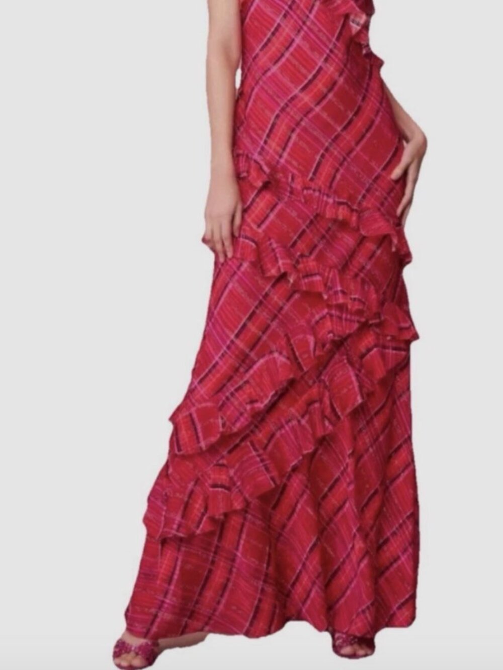 LoveShackFancy Rialto Cheery Red Plaid Metallic Ruffle Maxi Dress NWT - Picture 2 of 8